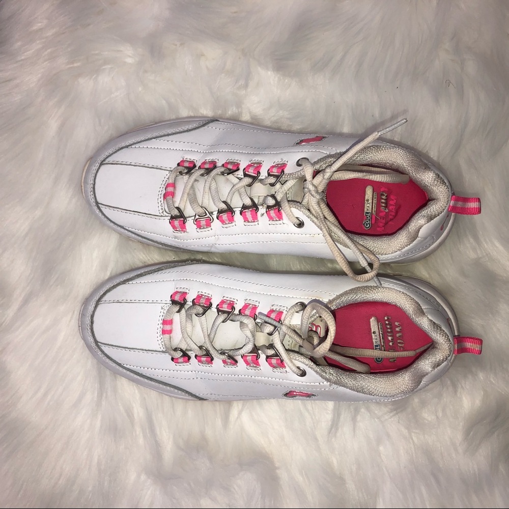 white and pink fila sneakers